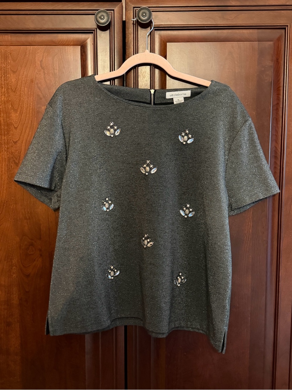 Liz Claiborne Charcoal Sparkle Short-Sleeve Top with Crystal Accents